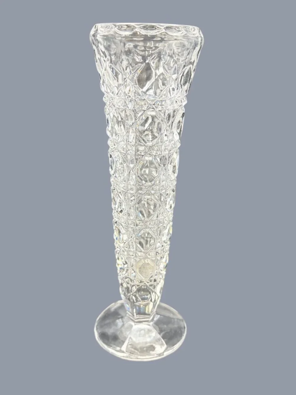 Vintage Indiana Glass Royal Brighton Clear Crystal Bud Vase Diamond Cut Pressed